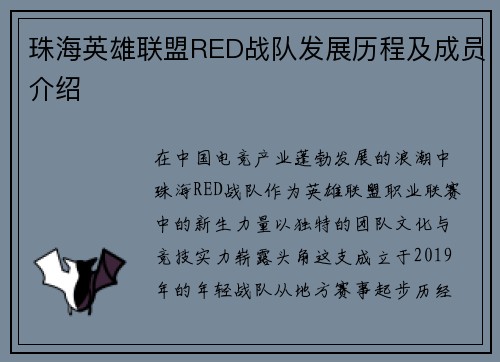 珠海英雄联盟RED战队发展历程及成员介绍
