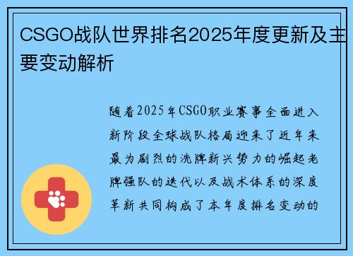 CSGO战队世界排名2025年度更新及主要变动解析